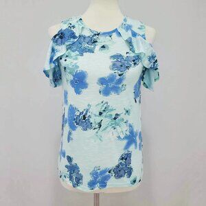 Juicy Couture Cold Shoulder Romantic Cascade Blue Floral Raglan Top